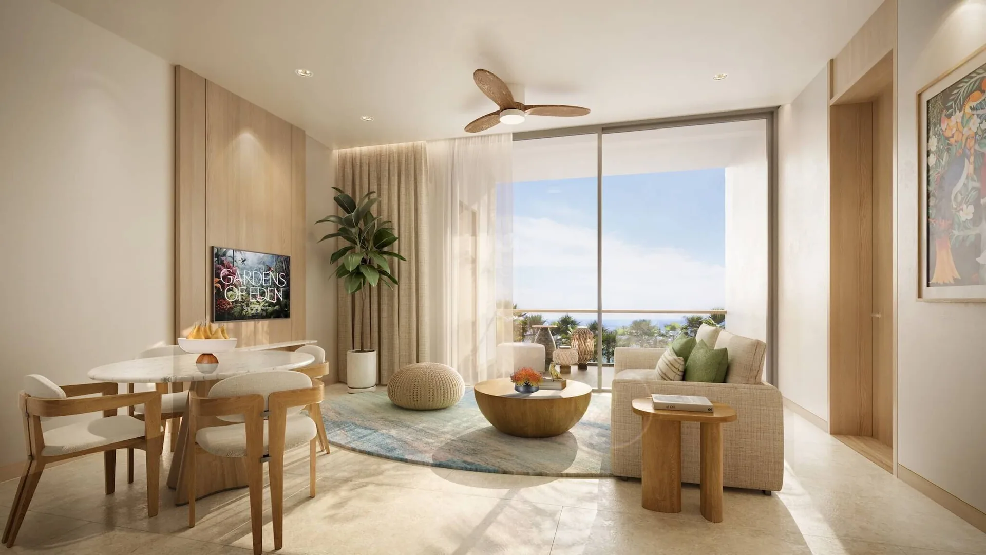One-bedroom residence living area — developer rendering
